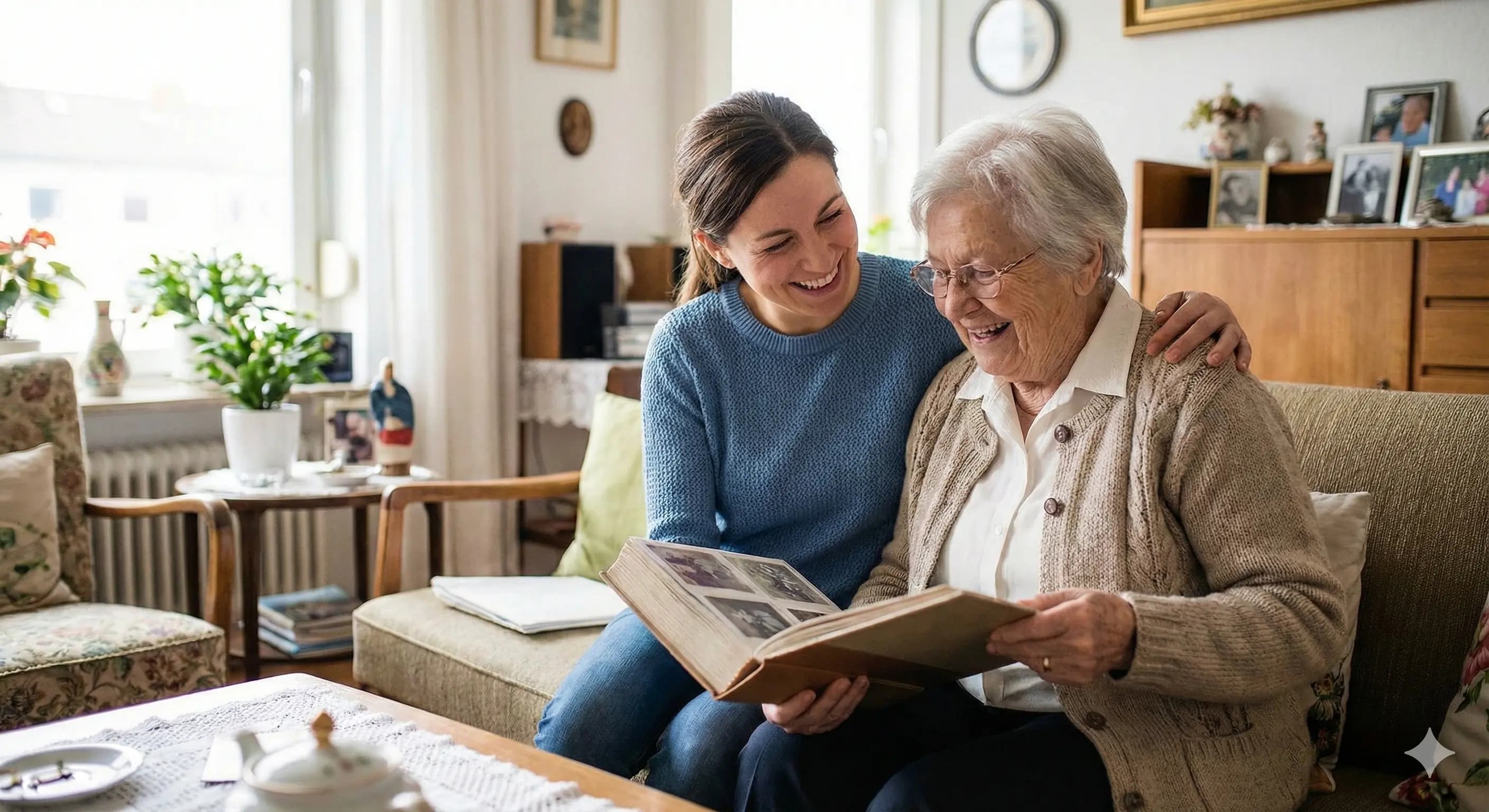 Accompagnant bienveillant partageant un moment avec une personne âgée à domicile