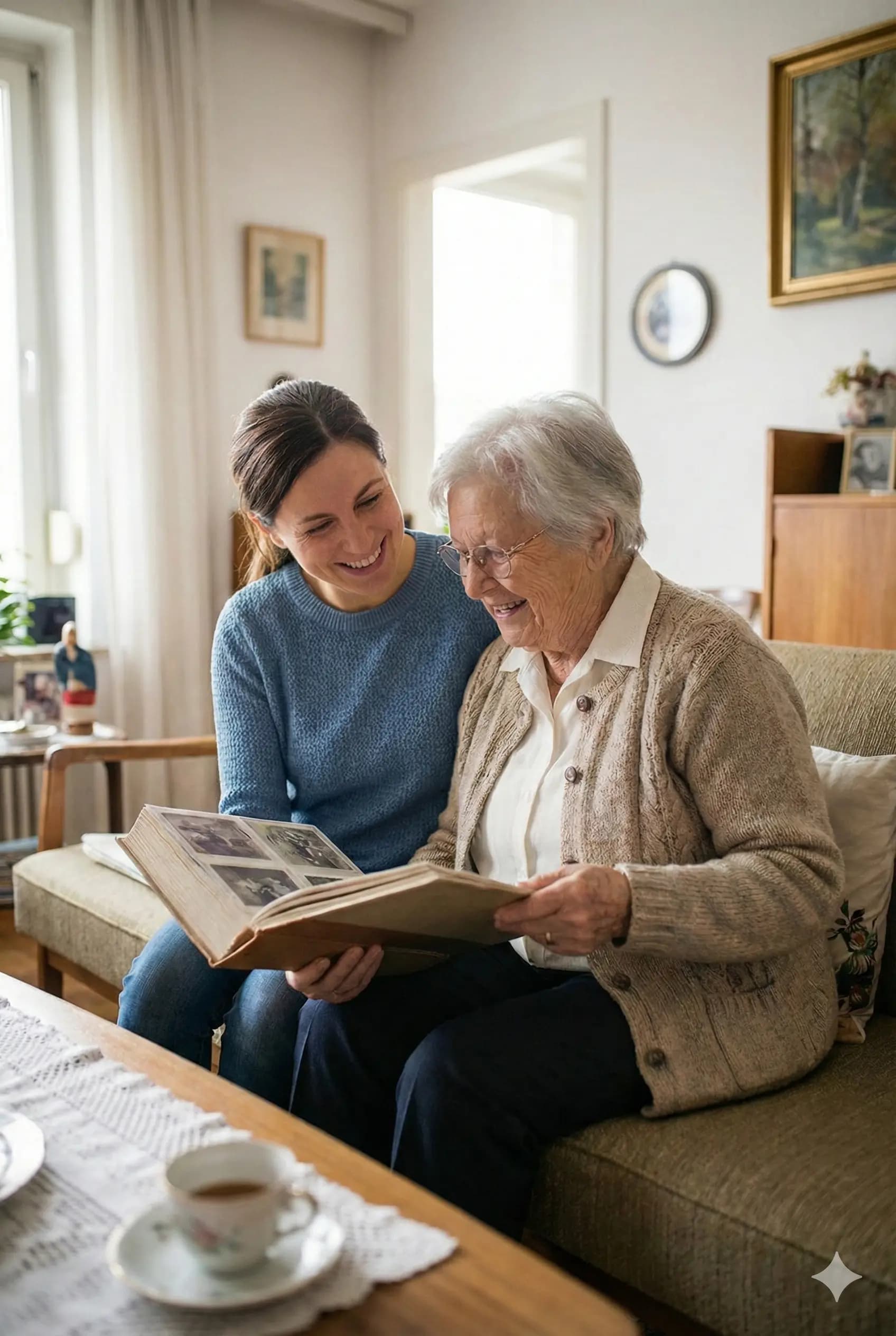Accompagnant bienveillant partageant un moment avec une personne âgée à domicile